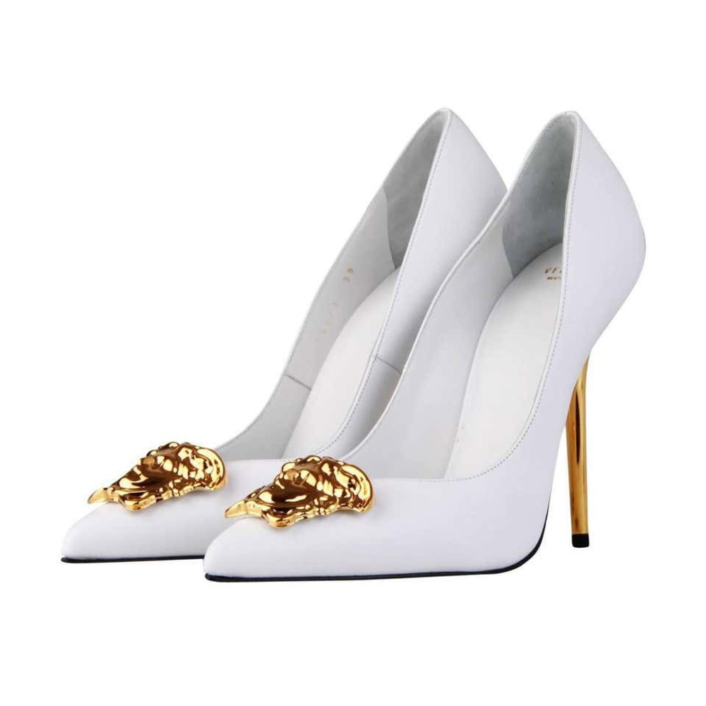 Versace White & Gold Pointed Toe Heels Medusa Head